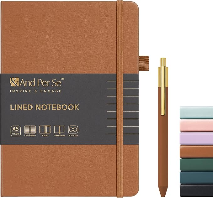 A5 Lined Leather Journal and Pen Set, Hardcover Notebook with Pen, 160 Pages 100gsm Thick Ruled Paper for Men Women, for Work, Business, School or Home Writing, 5.7'' x 8'' (Light Brown-Set1)