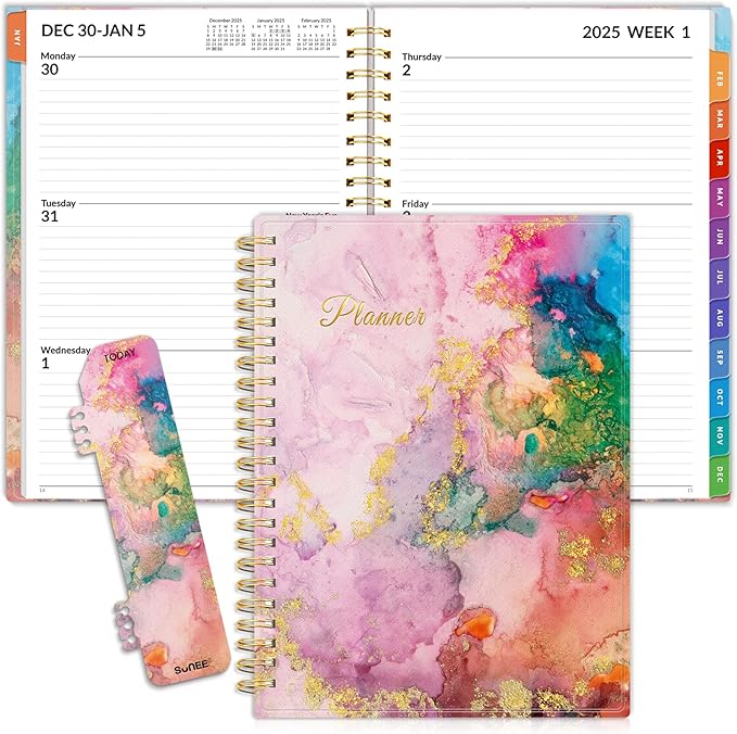SUNEE 2025 Weekly and Monthly Planner - from January 2025 - December 2025, 6.4" x 8.3" Daily Agenda Planner with Monthly Tab, Flexible Cover, Note Pages, Pockets, Bookmark, Spiral Binding, Marble