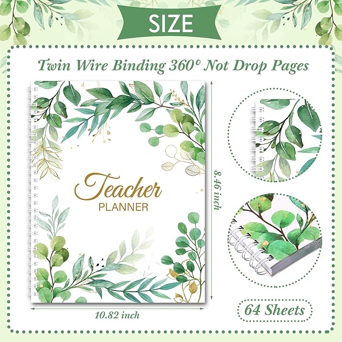 Eucalyptus Teacher Planner Undated Academic Year Teacher Lesson Planner Book Green Plants Daily Weekly Monthly Spiral Planner Checklist Organizer with Stickers for Classroom, 8.5'' x 11''