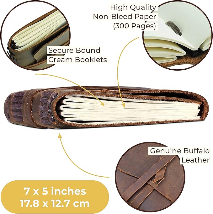 Sovereign-Gear Leather Bound Journal for Men and Women, Handmade Gift Set with Antique Journal and Stylish Pen, Vintage and Classic, Notebook, Sketchbook, Planner and Diary (300 Pages) (7x5)