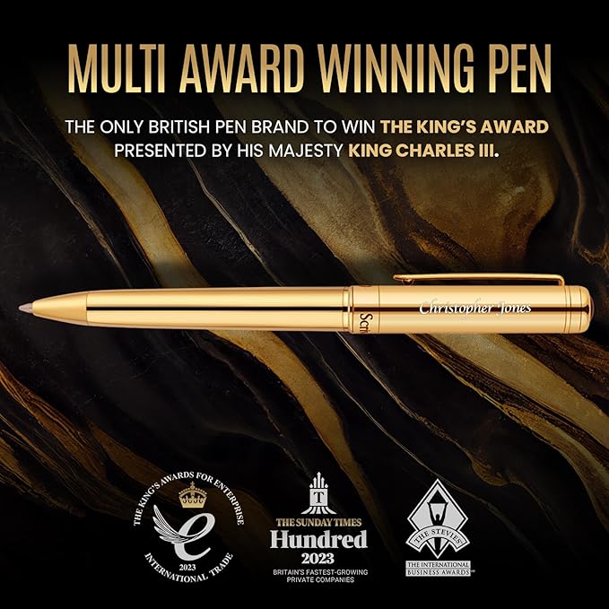 Scriveiner Personalized Gold Ballpoint Pen - Stunning Luxury Pen with 24K Gold Finish, Schmidt Ink Refill, Best Engraved Ball Point Gift Set for Men & Women, Custom Name Engraving