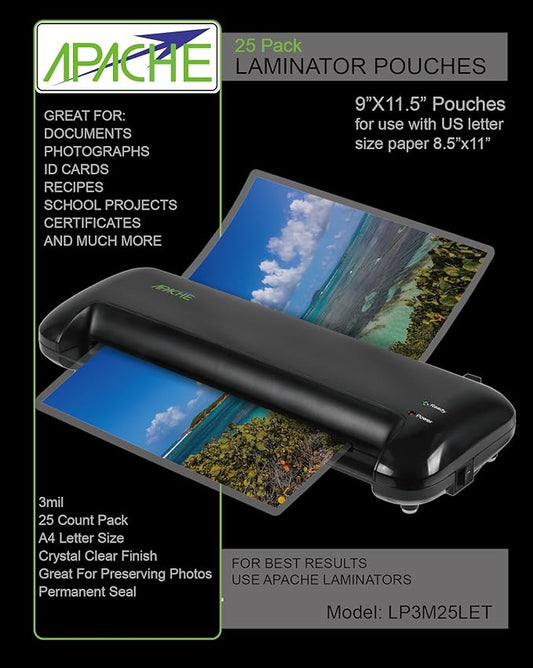 Apache Laminating Pouches 3 mil, for 8.5 x 11 inch Letter Size Paper 9 x 11.5 inch Sheets, 25 Pack