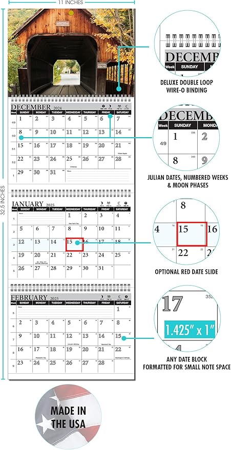 Calendar Company 2025 3 Month At a Glance Wall Calendar with Scenic Covered Bridge. (FREE RED DATE SLIDE!) Made in the USA! (12_CoveredBridge)