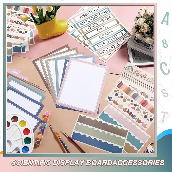 90 Pcs Science Fair Board Supplies 60 Trim Scalloped Bulletin Board Borders 24 Presentation Board Subtitles 6 Science Fair Titles for Classroom Display Boards(Boho)