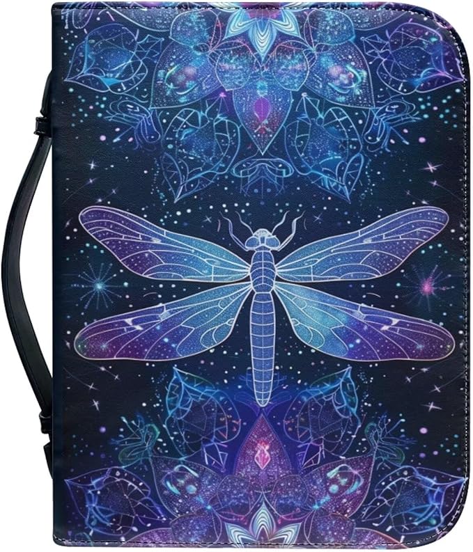 Lotusorchid Dragonfly Print Bible Covers for Women PU Leather Bible Case, Portable Bible Tote Bag Bible Book Carrying Case Christian Bible Accessories with Handle Pocket, Blue, M