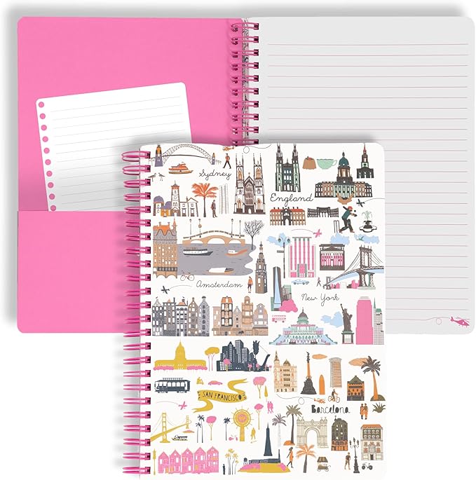 Steel Mill & Co Cute Mini Spiral Notebook, 8.25" x 6.25" Journal with Durable Hardcover and 160 Lined Pages, Travel Icons