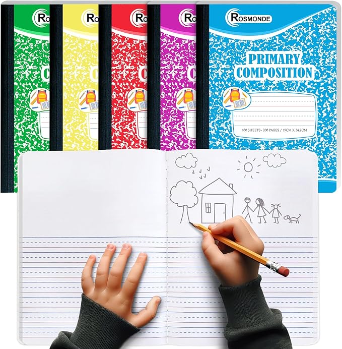 5 Pack Primary Composition Notebook, 200 Pages (100 Sheets), Drawing Story Journal Writing Notebook, 9-3/4 x 7-1/2, Primary Composition Notebook for Kids, Grades K-2, With Header For Drawing