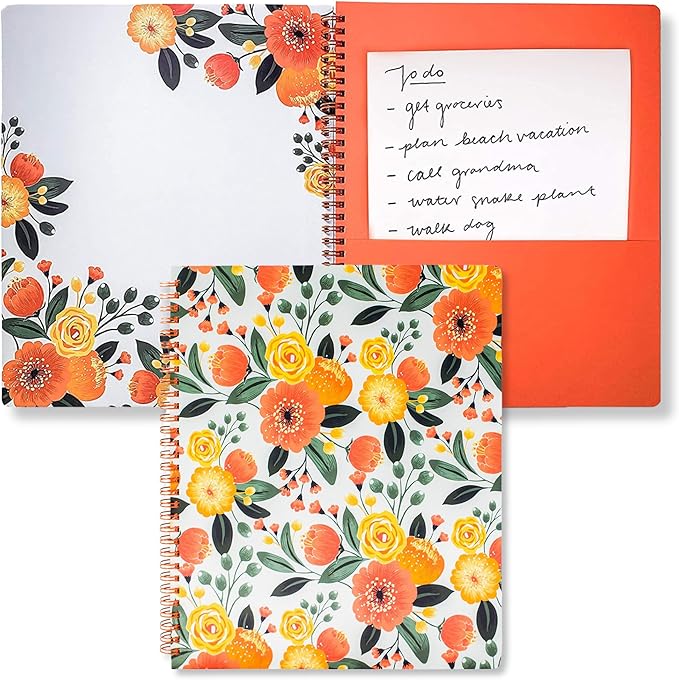 Steel Mill & Co Cute Large Spiral Notebook College Ruled, 11" x 9.5" with Durable Hardcover and 160 Lined Pages, Orange Floral