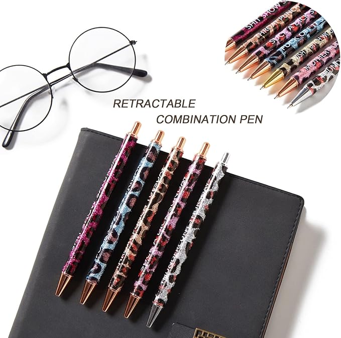 7pcs Leopard Pens Ballpoint Pens, Spoof Fun Ballpoint Pen Set，Black Ink Novelty Metal Pens Swear Word Daily Pen Set