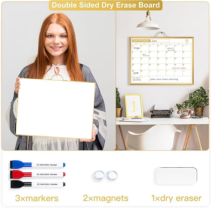 Monthly Dry Erase Board for Wall with Monthly Calendar (Gold)