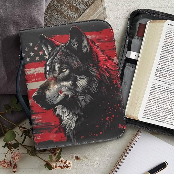 Lotusorchid American Flag Wolf Bible Bags, Faux Leather Bible Covers with Handle Pockets for Women, Portable Sturdy Bible Bag for Men, Christian Bible Study Accessories, Black and Red, L