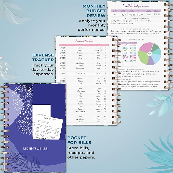 PLANBERRY Budget Planner & Monthly Bill Organizer with Pockets Premium – Home Finance & Bill Payment Organizer – Budgeting Book with Income & Expense Tracker - 7x8.5″ Hardcover (Spring Bloom)