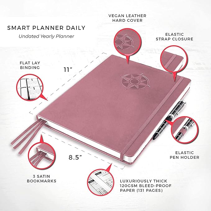 Smart Daily Planner - Achieve Goals & Increase Productivity, Time Management & Happiness - Weekly Monthly Day Planner with Gratitude Journal, Hardcover, Undated Business Planner
