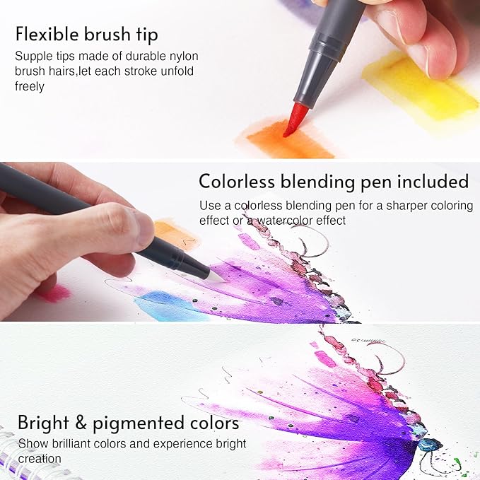 12 Colors Blendable Watercolor Markers,2024 Upgrade Double Tip Paint Pens with 1 Water Brush Pens,Water Based Coloring Makers, Drawing Markers Set with Flexible Brush Tips for Artists and Beginners