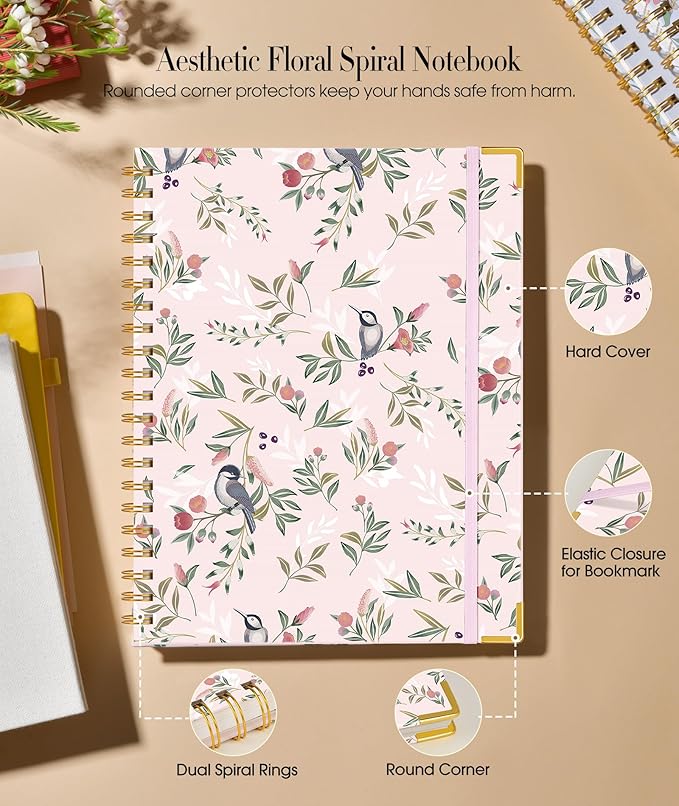 Cute Spiral Notebook Journal for Women, 200 Pages Lined Notebooks 8.5” x 11”, A4 Large Hardcover Spiral Journals with 100 GSM Thick Paper, College Ruled Notebook for Writing Work School, Woodland Floral