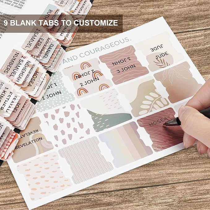 Laminated Bible Tabs for Women & Men - Large Print Tabs for Study Bibles, Boho Theme for Easy Navigation and Quick Reference - Easy-to-Read and Apply Tabs for All Ages