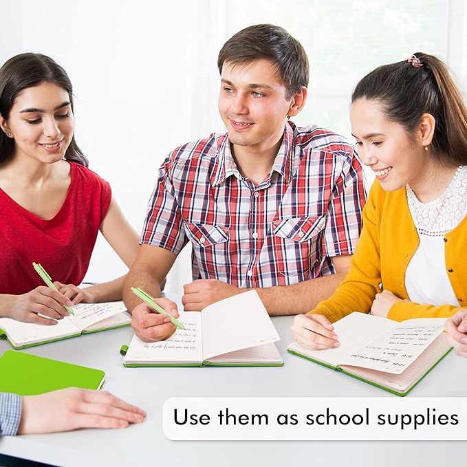 feela 3 Pack Notebooks Journals Bulk, Hardcover Notebook Classic Ruled Lined Journals with Pen Holder for Women Girls School Business Supplies, with 3 Black Pens, 120 GSM, 5.1”x8.3”, A5, Green