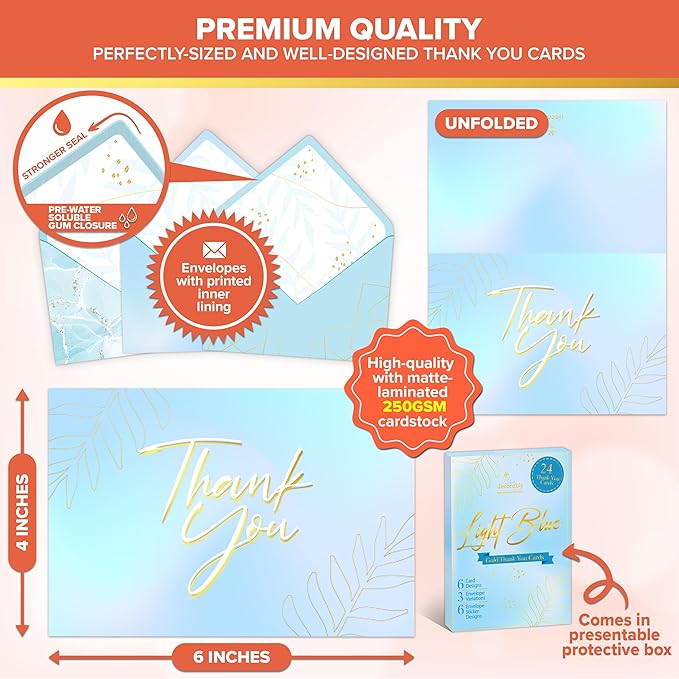 Decorably 24 Pack Gold-Foiled 6x4in Light Blue Thank You Cards with Envelopes and Stickers, 24 Elegant Designs Thank You Blue Cards, Blank Inside - Wedding, Baby Shower