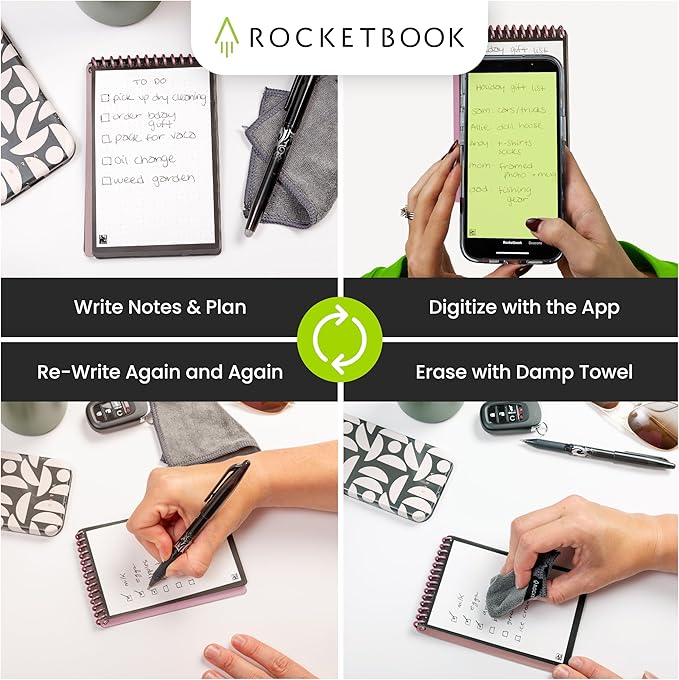 Rocketbook Mini Reusable Smart Notepad, Pocket Size Notebook 3.5x5.5, Pink - Dotted Pages, App-Connected, Erasable, Ideal for On-The-Go List Taking & Quick Notes Anywhere