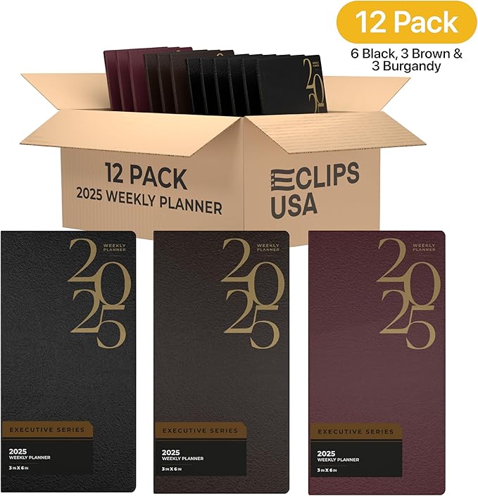 Weekly Planner 2025, Planner, 2025 Weekly Planner, 2025 Planner Weekly And Monthly, 3” x 6”, Weekly Pages, 6 Black 3 Brown 3 Burgundy, (12 Pack, 3 X 6)