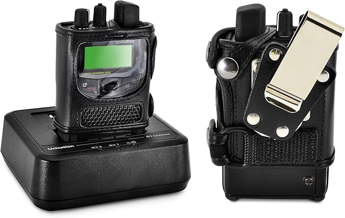 Made for Unication G1 Voice Pager Fire Radio Phone Black Leather Fitted Case with Heavy Duty Ratcheting Removable Metal Belt Clip
