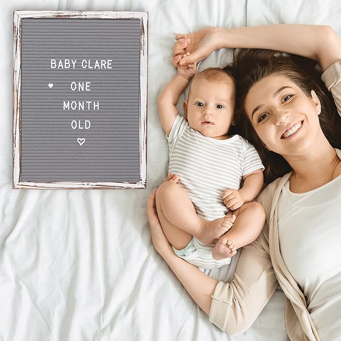 Felt Letter Board with Rustic Vintage Frame and Stand 12x16 inch,Grey Changeable Letter and Message Board Includes 792 Letters, Numbers and Symbols, Hook to Hang, 2 Canvas Bags