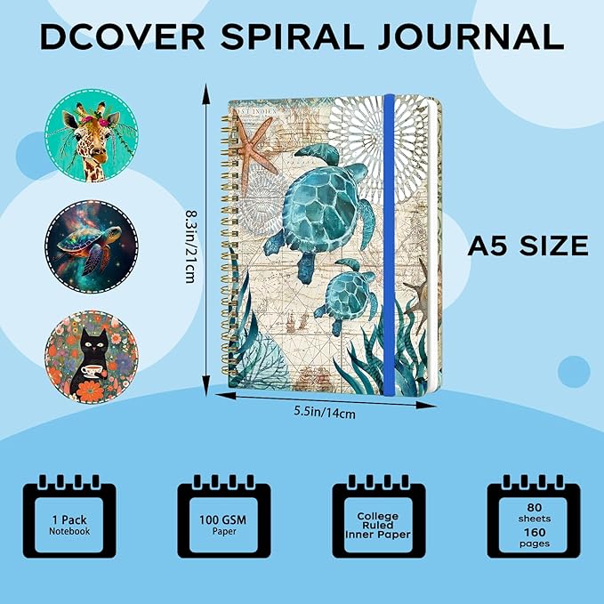 Spiral Notebook - A5 Spiral Notebooks, 8.3'' × 5.8'', 160 Pages, Aesthetic Journaling Notebooks for Women, College Lined Notebook with Elastic Closure, Back Pocket, for School Office, Two Turtle