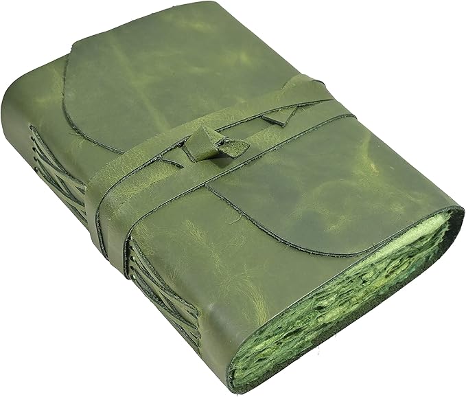 Vintage Green Leather Journal - 200 Pages Deckle Edge Rustic Paper, Unlined Pages Book of Shadows, Grimoire, Junk Notebook, Fantasy Medieval Gifts, Sketchbook, Scrapbook (Earthy Green, 12"x9")