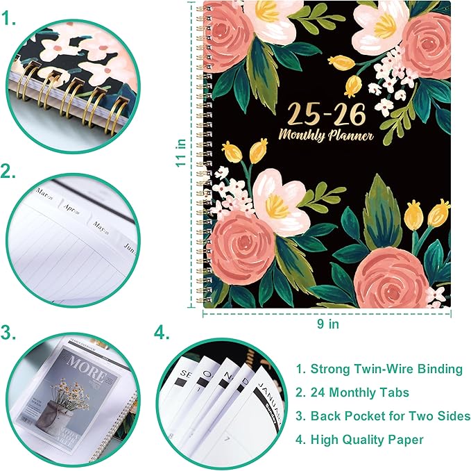 2025-2026 Monthly Planner/Calendar - JAN 2025 - DEC 2026, 2 Year Monthly Planner 2025-2026, Monthly Planner 2025-2026 with Two-Side Pocket, 9'' x 11'', Monthly Tabs, Sturdy Binding