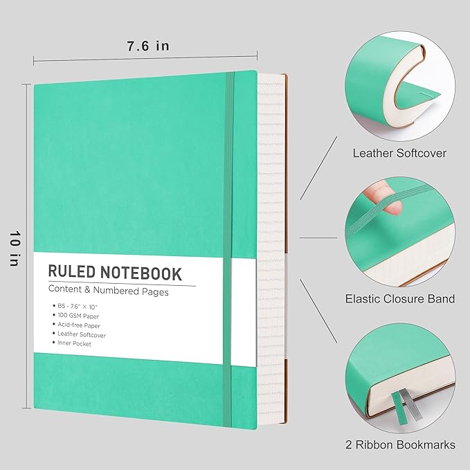 RETTACY Journaling Notebooks, B5 Lined Journal Notebook with 320 Numbered Pages, 7.6" × 10", Medium Size, Journal Notebook for Writing, Work, School, Leather Softcover, 100 GSM Thick Paper (Mint)