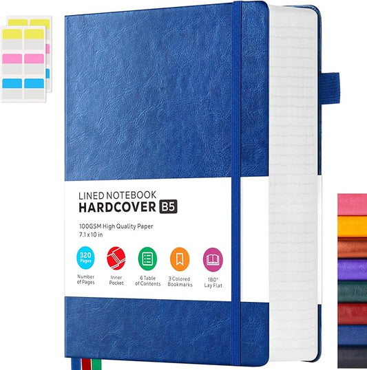 Leather Lined Notebook Journal, 320 Pages Hardcover Notebook Journals for Writing Women & Men, B5 (7.1'' X 10'') College Ruled Notebook with 100GSM Thick Paper for School Work Organization, Dark Blue