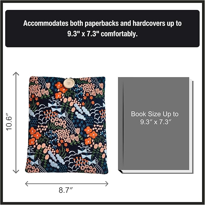 Floral Embroidered Canvas Book Sleeve - Elegant Book Cover, Padded Protector for Paperbacks & Hardcovers, Ideal for Book Lovers, Wooden Button (Meadow, Blue, Large)