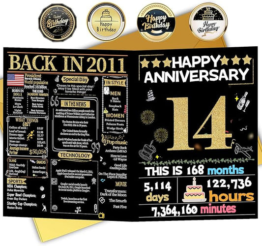 Joycard 14th Anniversary Card for Women Men, Gold Wedding Card for Wife Husband, Sweet Marriage Decorations Gifts for Couple, Perfect for Her Him on Anniversary Day, Back in 2011
