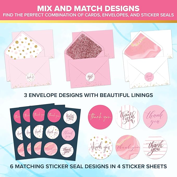 Decorably 24 Pack Glittery 6x4in Pink Thank You Cards with Envelopes and Stickers, 6 Elegant Designs Pink Thank You Notes, Blank Inside - Wedding, Baby Shower, Birthday