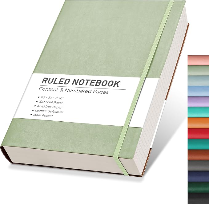 RETTACY Journaling Notebooks, B5 Lined Journal Notebook with 320 Numbered Pages, 7.6" × 10", Medium, Journal Notebook for Writing, Work, School, Leather Softcover, 100 GSM Thick Paper (Light Green)