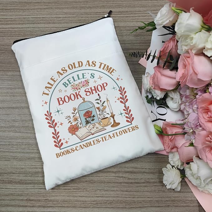 Tale As Old As Time Belle's Book Coffee Book Lover Book Sleeve, Book Covers with Zipper, Book Lovers, Book Pouch Kindle Protector, Gifts for Women Teacher Librarian Bookworm Bookish (White-A, Large)