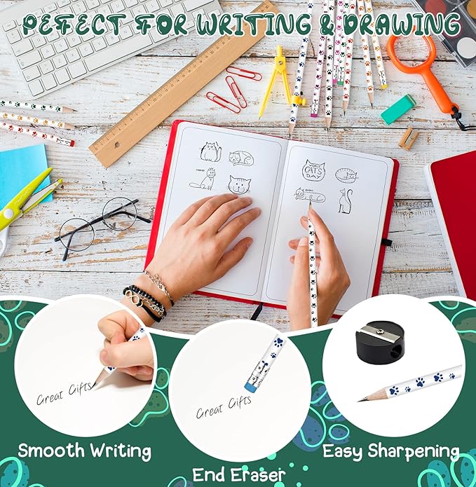 48 Pcs Paw Print Pencil 8 Color Pencils Party Favors for Kids Wooden Writing Novelty with Erasers Dog Party Favors Fun School Supplies and Reward Prizes