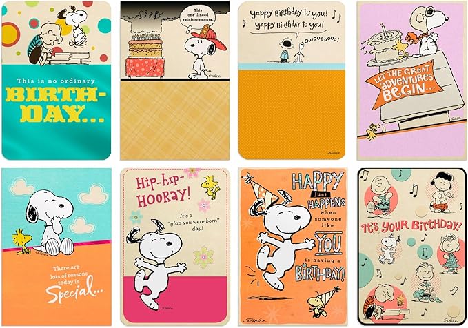 DaySpring - Peanuts Birthday - 8 Greeting Card Assortment With Envelopes