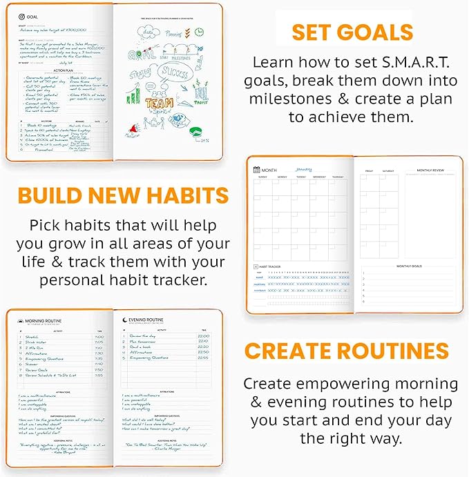 Pro - Goal Setting Planner to Increase Productivity and Achieve Personal and Business Goals. 12 Month Undated Daily, Weekly and Monthly Journal Organizer with Calendar (Orange)