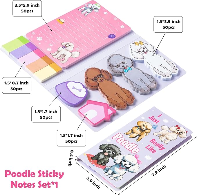 I Just Really Like Poodle Sticky Notes Set, 550 Sheets, Cute Cartoon Poodle Self-Stick Notes Pads Animal Divider Tabs Bundle Writing Memo Pads Page Marker Back to School Office Supplies Gift
