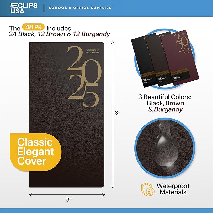Weekly Planner 2025, Planner, 2025 Weekly Planner, 2025 Planner Weekly And Monthly, 3” x 6”, Weekly Pages, 24 Black 12 Brown 12 Burgundy, (48 Pack, 3 X 6)