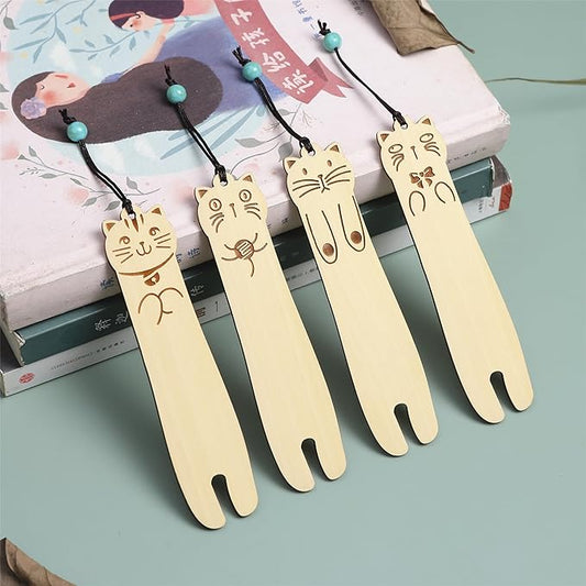 Wood Cat Bookmarks - Set of 4 Cute Bookmarks Aesthetic, Wooden Bookmarks Anime Cat Bookmark for Women Girl Kids, Kawaii Bookmark for Book Lover Cat Lover Friends Best Gifts (Boxwood)