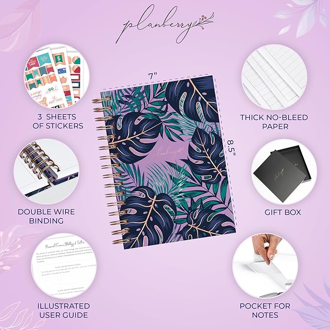 PLANBERRY Budget Planner & Monthly Bill Organizer with Pockets Premium – Home Finance & Bill Payment Organizer – Budgeting Book with Income & Expense Tracker - 7x8.5″ Hardcover (Wild Purple)