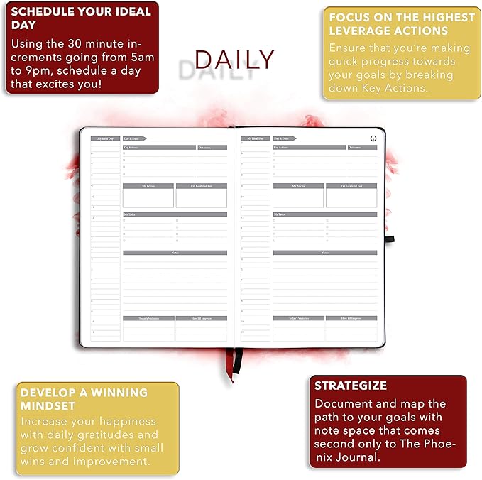 The Phoenix Planner - Best Daily Calendar and Agenda for Goal Setting, Boost Happiness and Productivity - Gratitude Journal, Habit Tracker, Quarterly Business Planner - 6 Months, Undated (Charcoal)