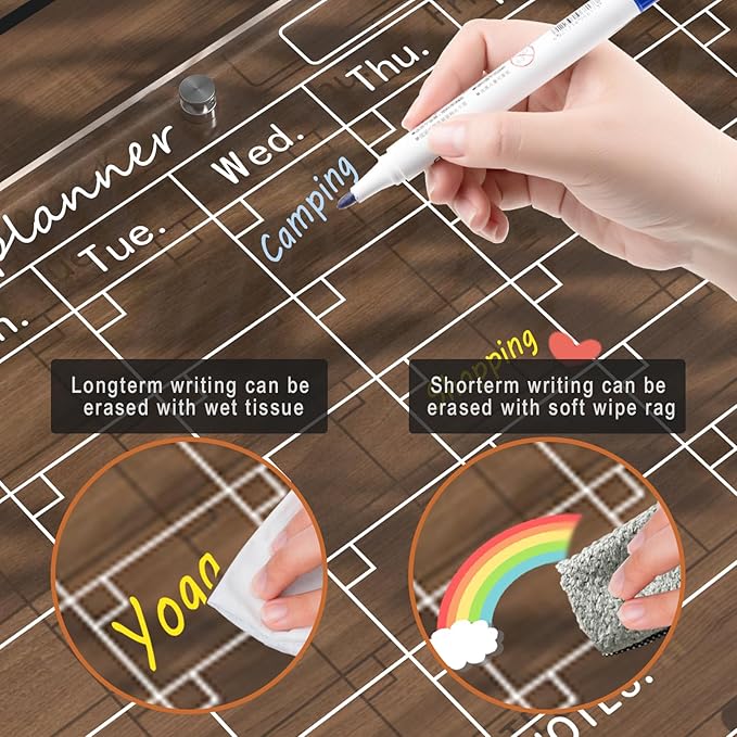 Magnetic Acrylic Calendar for Fridge,3 Pack 12"x16" Clear Fridge Calendar Dry Erase Magnetic Planning Boards Set Includes 6 Colorful Highlight Markers,Magnetic Pen Holder and Erase Towel