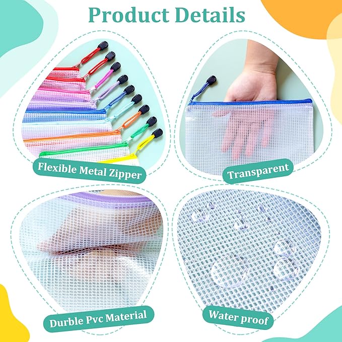 18pcs Mesh Zipper Pouch Bags, B5 Zipper Pouch, Mesh Bags With Zipper, Plastic Zipper Pouches, 9 Colors Zipper Pouches for Organizing, Board Game Storage, Travel, School Office organize