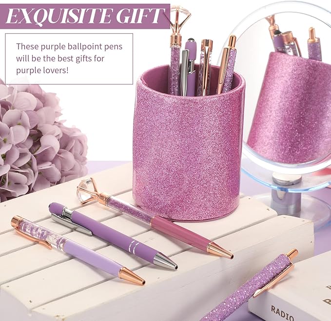 Sabary 8 Pcs Ballpoint Pens with Pen Holder for Desk Glitter Crystal Diamond Fancy Pencil Holder Bling Desk Organizer Cute Office Supplies for Women Girls Valentines Birthday Gifts(Purple)