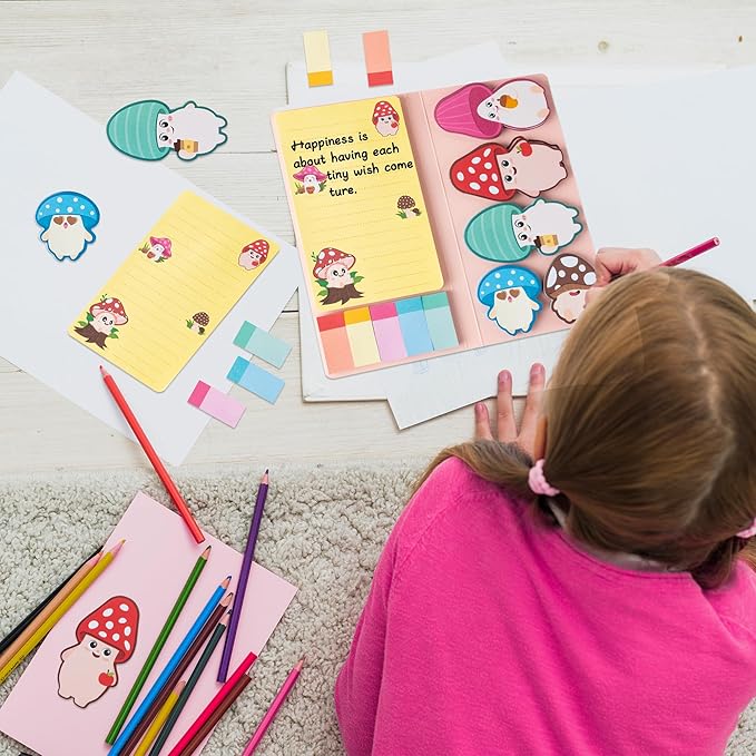 B1ykin Sticky Notes Set - Cartoon Theme Cute Self-Stick Notes Pad Teacher Appreciation Gifts， Self-Adhesive Writing Memo Pages Sticky to Do Notepad for Kids Employee School Office (Mushroom)