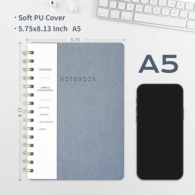 Spiral Notebook-6.10" x 8.19" College Ruled Journal with Inner Pockets and 160 Pages,PU Leather Cover Business Journal, Twin-Wire Binding Notebook Perfect for Office & Home School Supplies