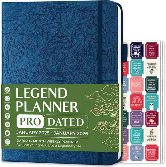 Legend Planner PRO Dated Jan 2025-Jan 2026 – Deluxe Weekly & Daily Organizer with Time Slots. Appointment Book Journal for Work & Time Management, A4 Hardcover (Mystic Blue)
